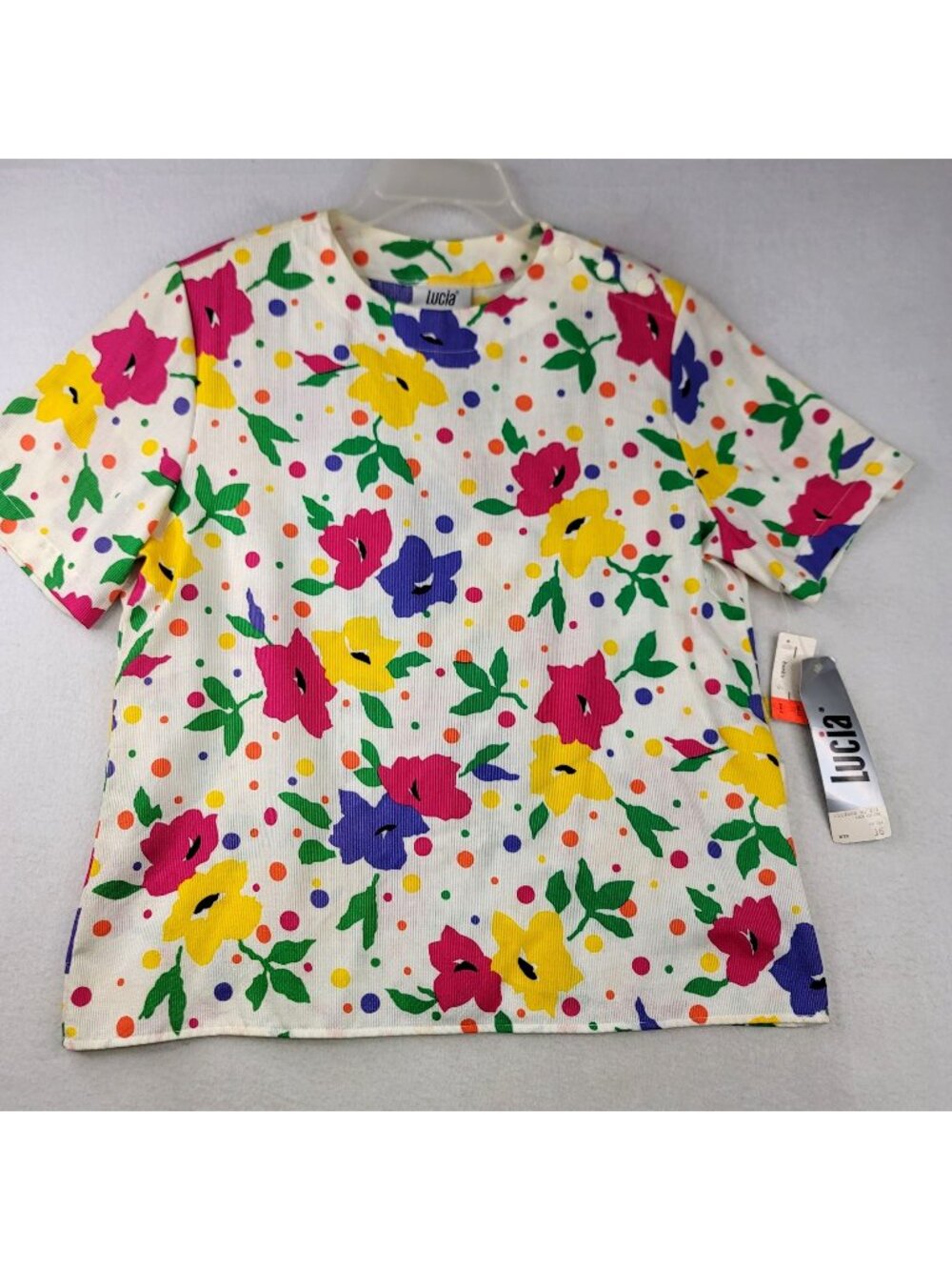 Vintage 80s Lucia Floral Polka Dot Cotton Top 16 White Multi USA Colorful Retro
